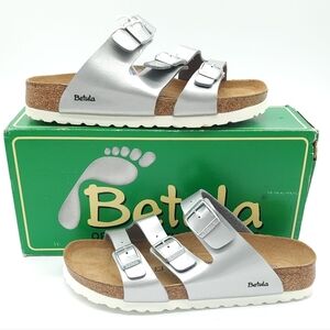 Betula Birkenstock Leo Silver Soft Footbed Narrow Fit Sandal Women's Size 6